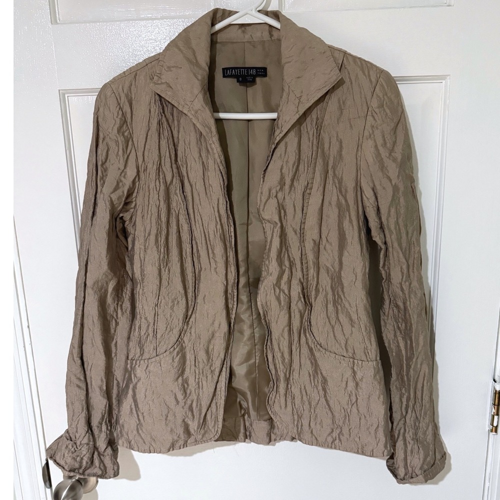 Lafayette 148 New York Silk Blend Crinkle Metallic Blazer Jacket Taupe Size 8